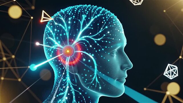 Digital human head in profile with glowing neural network connections and data points showing futuristic ai visualization on abstract background