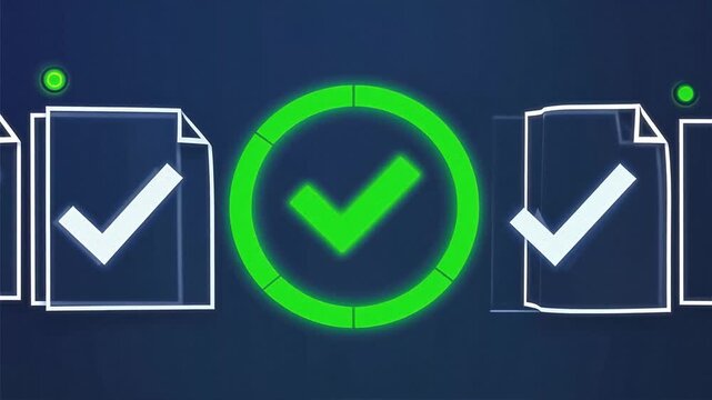 Animated digital checklist and document approval workflow showing efficient validation process with neon green checkmarks and professional status verification indicators
