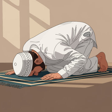 Vector illustration of a Muslim man in white traditional attire and prayer cap performing sujud prostration on a prayer mat, featuring soft indoor lighting and window shadow aesthetics.