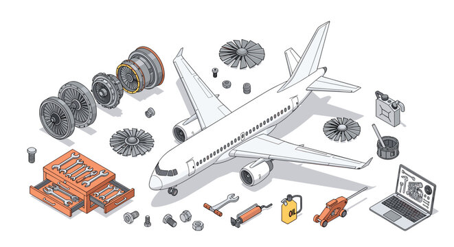 A detailed white passenger airplane is presented as an exploded diagram alongside its individual mechanical engine parts, wheels, and various aviation maintenance tools.