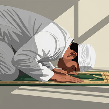 Flat vector illustration of a Muslim man wearing a white thobe and kufi cap performing sujud prostration on a green prayer mat during Salah with dramatic window light shadows.