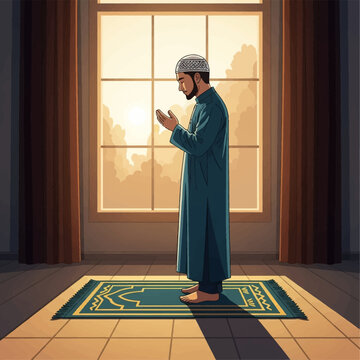 Vector illustration of a Muslim man wearing a blue thobe and kufi cap standing on a prayer mat, performing Salah and raising hands in supplication near a window during sunrise light.