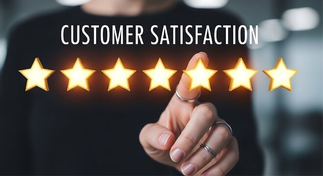 A person touches a row of seven glowing gold stars below the words customer satisfaction while standing in a dimly lit office environment.
