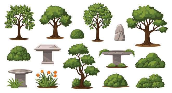 This illustration showcases a range of tree varieties and stone bird baths intended for park design applications against a clear white background with soft shading.