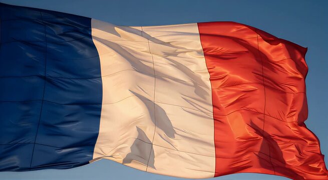 French Flag Waving Proudly Against a Clear Blue Sky Expressing Freedom and Democratic Ideals.