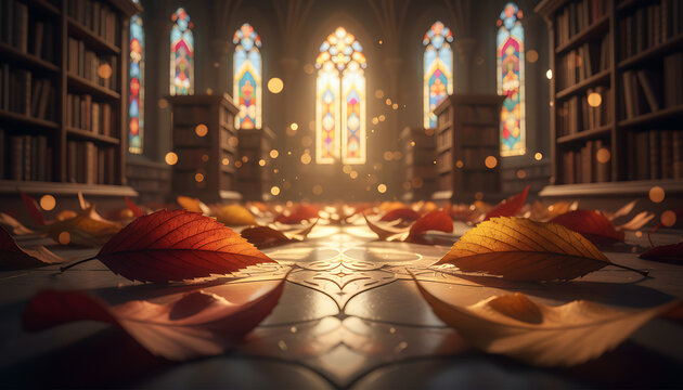 Autumnal Cathedral Library with Scattered Leaves and Stained Glass Windows