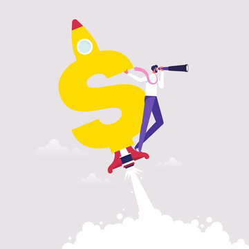 Vision to investment and achieve goals concept, businessman riding money rocket and looking through binoculars, embodies the aspiration for financial success with careful observation of the financial