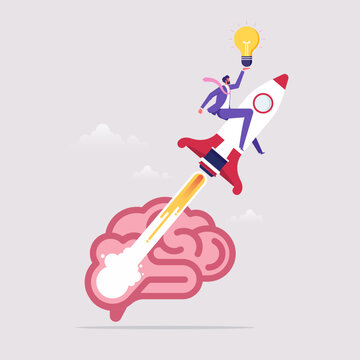 Businessman riding rocket launching from a brain, symbolizing innovative ideas and creativity for corporate marketing, branding