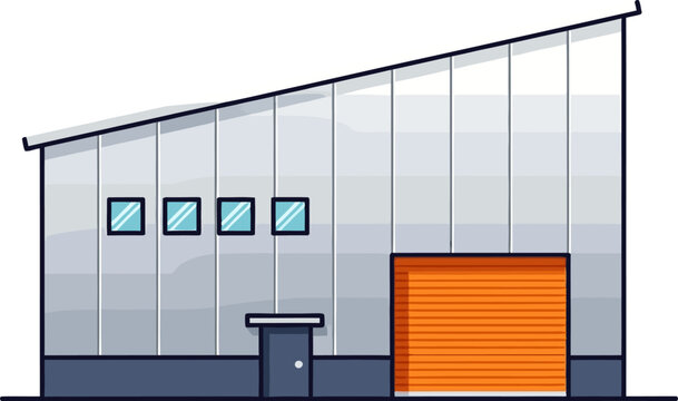 Illustration of a warehouse building with a large roller door and small windows, representing industry and storage solutions