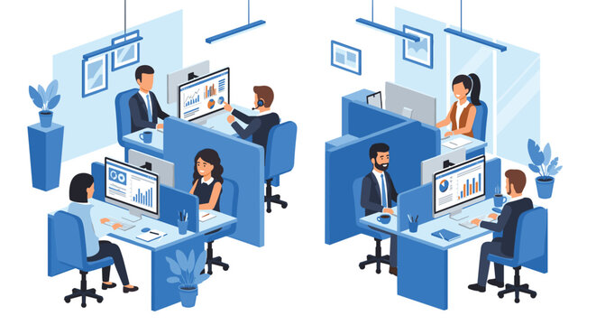 A group of professional office employees work collaboratively at their individual desktop computer workstations within a modern, organized open-plan corporate business office inter