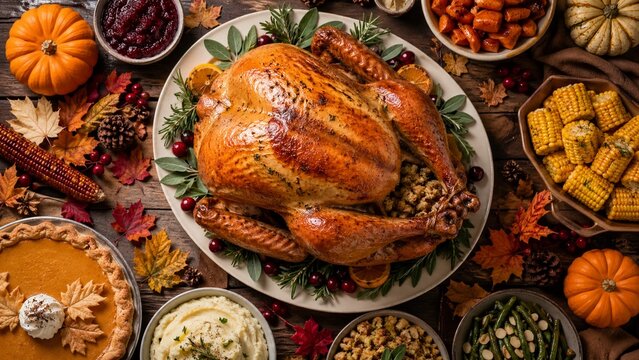 Overhead Flat Lay of a Complete Thanksgiving Meal, Golden Roast Turkey Centerpiece with Mashed Potatoes, Corn, Green Beans, Stuffing and Pie, Fall Harvest