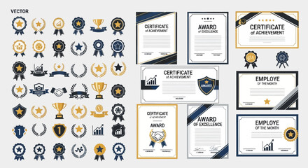 Fototapeta premium Award Badges, Certificate Templates, Gold, Blue, Vector Icons, 40 Elements isolated on White Background