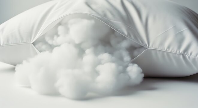 Open white pillow with fluffy polyester fiber filling isolated on white background