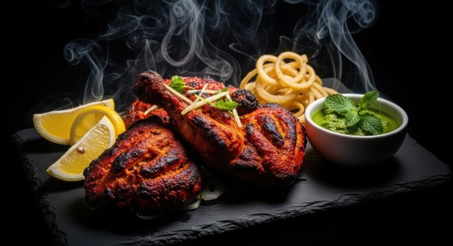 Grilled chicken tikka with smoke, herbs, and spices on a slate plate
