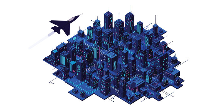 A futuristic isometric cityscape in deep blue and neon lights, with a jet plane soaring through the sky above the metropolis.