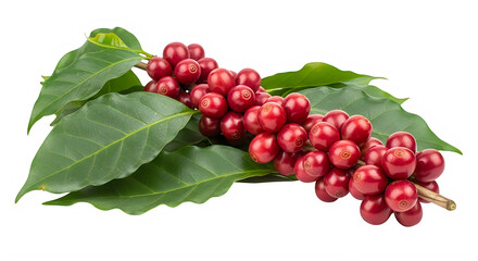 Fototapeta premium Fresh red coffee cherries on green leaves