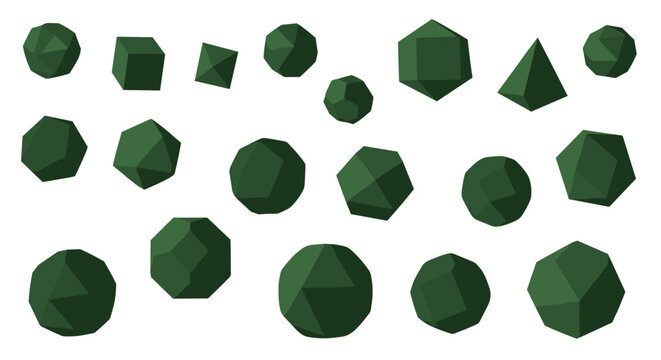 Collection of low-polygon geometric shapes like spheres, cubes, and polyhedra in dark green, scattered randomly against a plain white background.