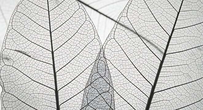 Macro shot of delicate skeleton leaves with intricate vein patterns overlapping on a light background