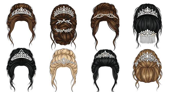 Elegant bridal updos featuring sparkling tiaras and intricate jeweled hair accessories showcased against a white background, highlighting formal hairstyles.