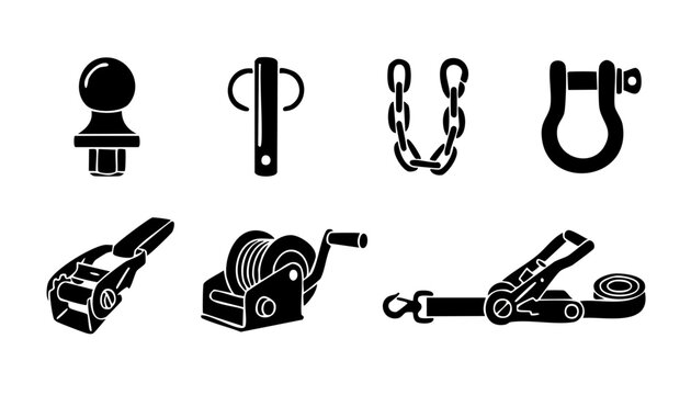 Towing Equipment Icons Set: Trailer Hitch, Winch, Ratchet Straps, and Heavy Duty Shackles for Cargo Securing, Automotive Logistics, Industrial Load Fastening, and Freight Transportation Tools Vector C