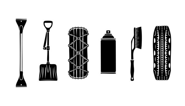 Winter Car Emergency Kit Tools Set, Snow Removal Equipment Icons for Road Safety, Including Ice Scraper, Snow Shovel, Tire Chains, De-Icer Spray, Cleaning Brush, and Traction Mats for Vehicle Recovery