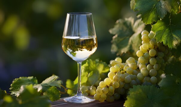 white wine scene, crystal wine glass with chilled pale golden wine, surrounded by lush grapevine leaves and ripe green grapes, golden hour lighting with soft glow, dramatic shadows, refined vineyard s