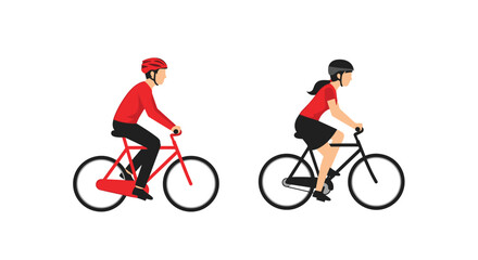 Obraz premium A male cyclist in a red jersey and a female cyclist in black athletic attire ride their bikes side by side in a minimalist flat vector graphic design.