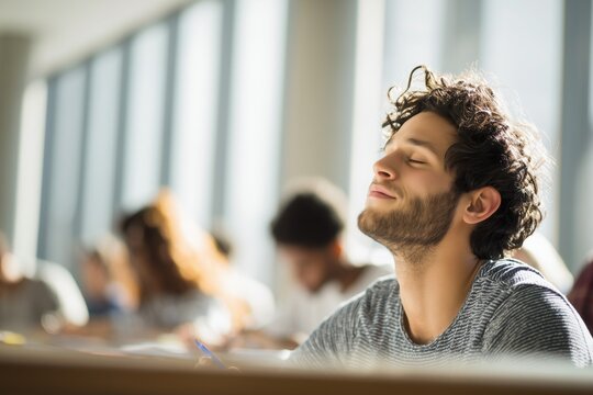 Young man leaning back with eyes closed and exhale of relief after finishing final medical board exam in bright examination hall student accomplishment and stress release concept