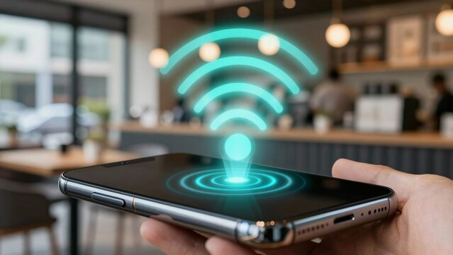 Connected at the Cafe: A smartphone in hand connects seamlessly to a vibrant Wi-Fi signal in a bustling cafe, highlighting modern connectivity and the ease of digital access.