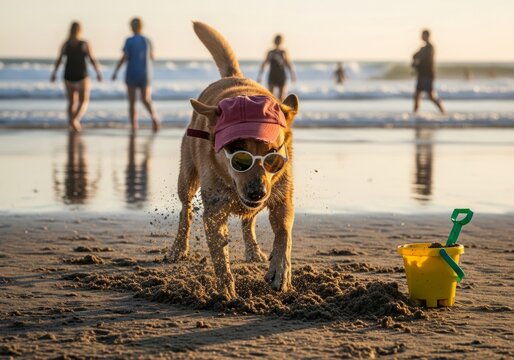 Dog wearing sunglasses and cap digging on a beach, capturing summer fun and vacation vibes