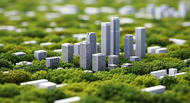 Miniature city model nestled in a lush green forest landscape
