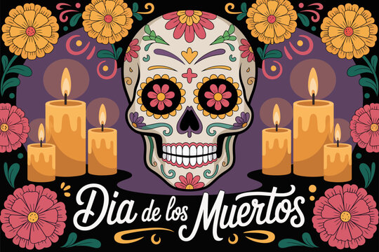 Decorated sugar skull with burning candles and flowers for Day of the Dead celebration