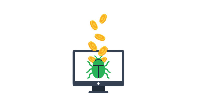 A computer monitor displays a green beetle icon on the screen with multiple gold coins cascading downwards against a solid light background.