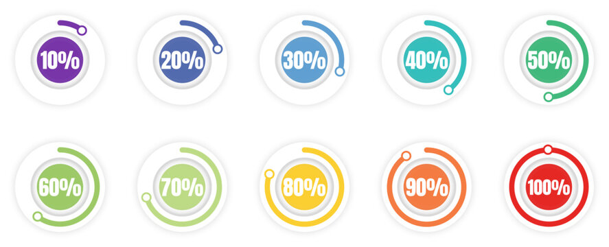 Infographic percentage Loading Circles colorful, 0,10, 20, 30, 40, 50, 60, 70, 80, 90, 100 percent, Vector