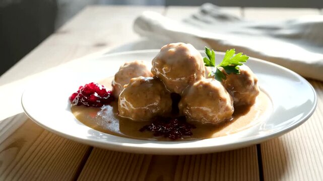 Swedish meatballs on a plate with gravy.