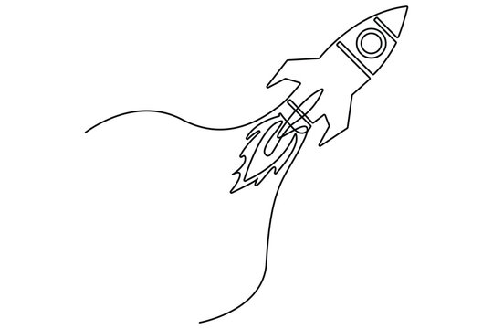 Rocket continuous one line drawing minimalist outline vector illustration isolated,Rocket launch continuous line art.Space rocket continuous one line drawing clean minimalist outline vector.