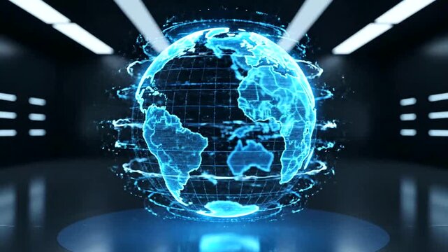 A futuristic digital globe with glowing blue connections.