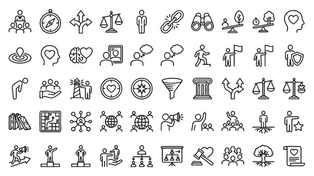 Justice, law, and legal ethics outline icon set for law firm platform, governance app, judicial system awareness, or legal professional UI design