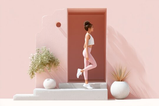 Minimalist pastel fitness woman in pink activewear doing a balance pose at a sculptural doorway with plants for wellness background and fitness poster design
