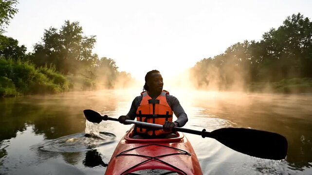 person kayaking on a serene river.