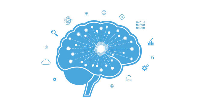 A stylized light blue human brain illustration with a central glowing core and radiating data connectivity lines sits centered against a minimalist solid white background.