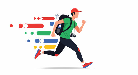 Obraz premium Active Male Traveler Running with Backpack and Camera Vector Illustration