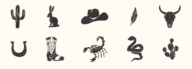 Desert icon set vintage woodcut or linocut, grunge texture snake, skull silhouette, wild West. Boho engraving print set, canyon wildlife. Horseshoe, cactus, desert plants and animals. © Alyona