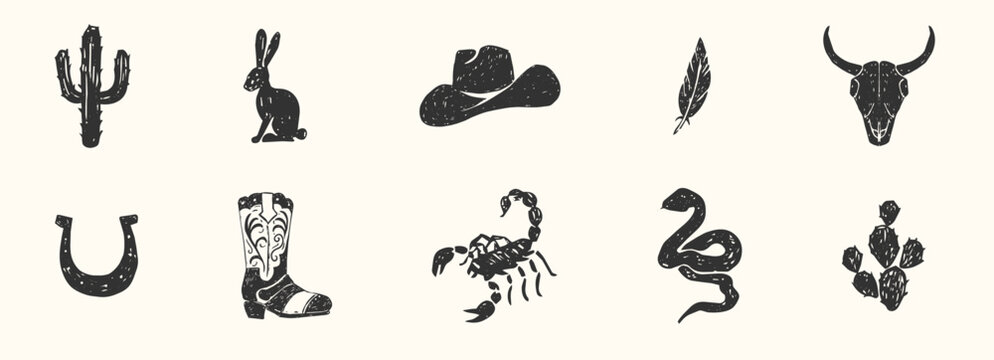 Desert icon set vintage woodcut or linocut, grunge texture snake, skull silhouette, wild West. Boho engraving print set, canyon wildlife. Horseshoe, cactus, desert plants and animals.
