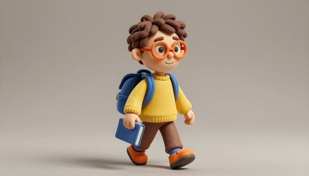 Stylized claymation boy with backpack and book walking happily to school