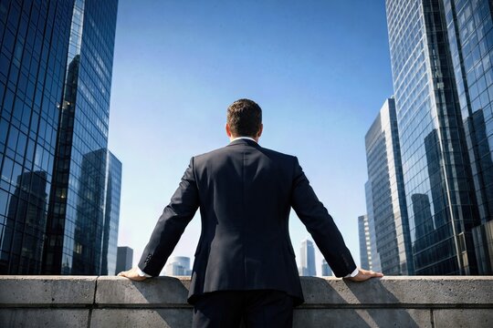 Confident businessman overlooking modern city skyline between glass skyscrapers from rooftop