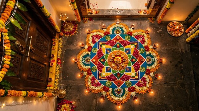 Colorful Rangoli Design with Diwali Diyas in Festive Home Entrance
