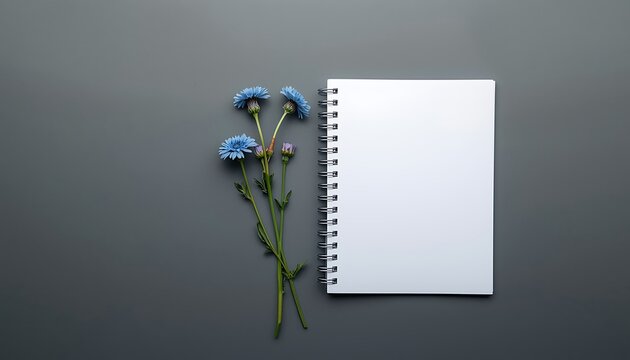 Spiral bound notebook and blue cornflower flowers on a gray background high-quality