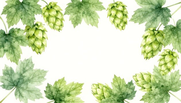 Watercolor illustration of green hop cones and leaves forming a decorative border on white background