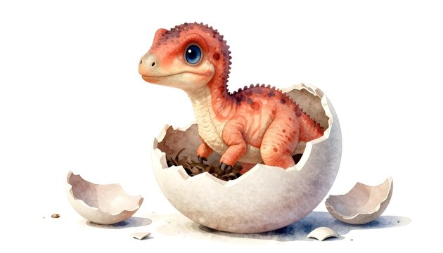Adorable baby Parasaurolophus hatching from its egg in watercolor style